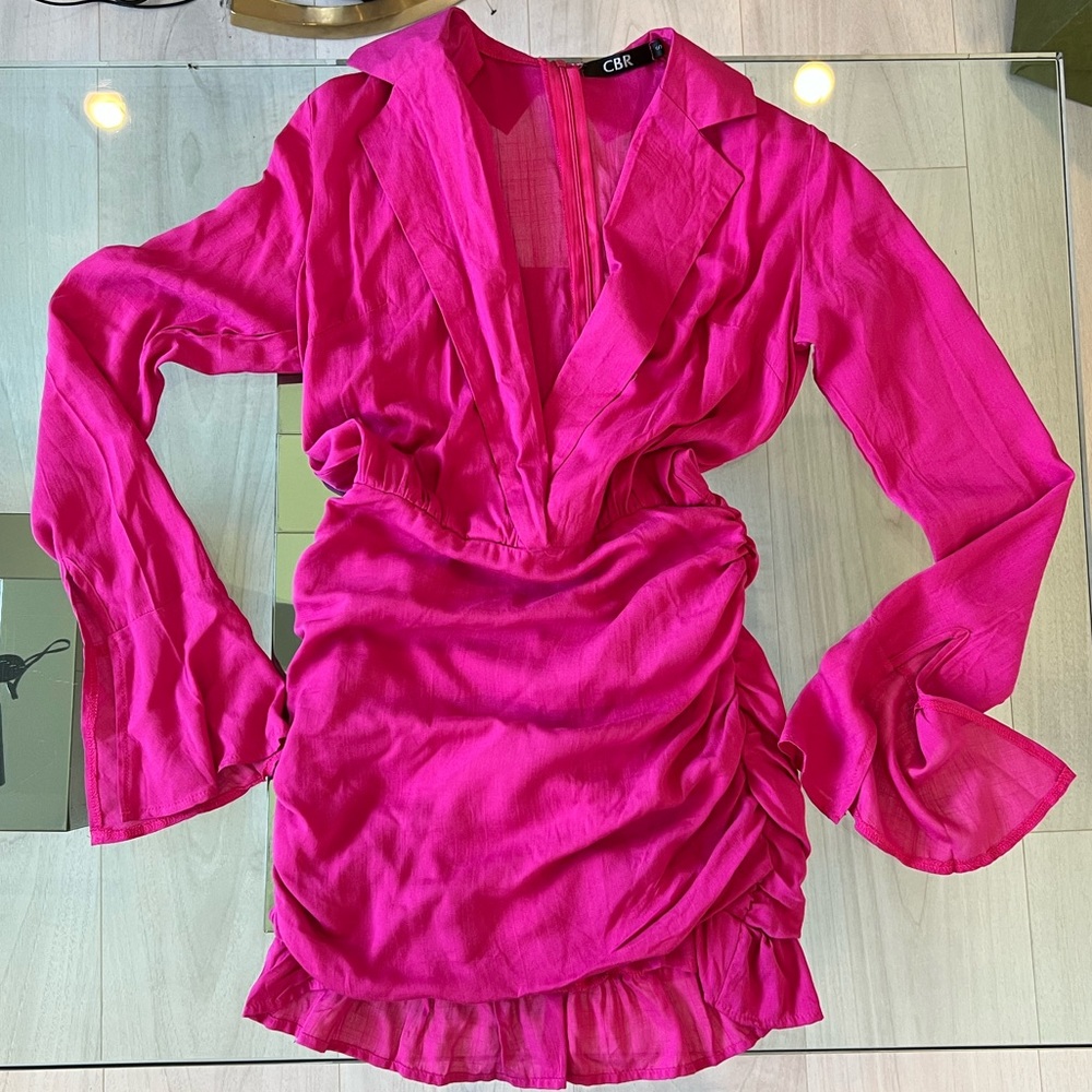 Hot pink deep V long sleeve mini dress by CBR in size Small